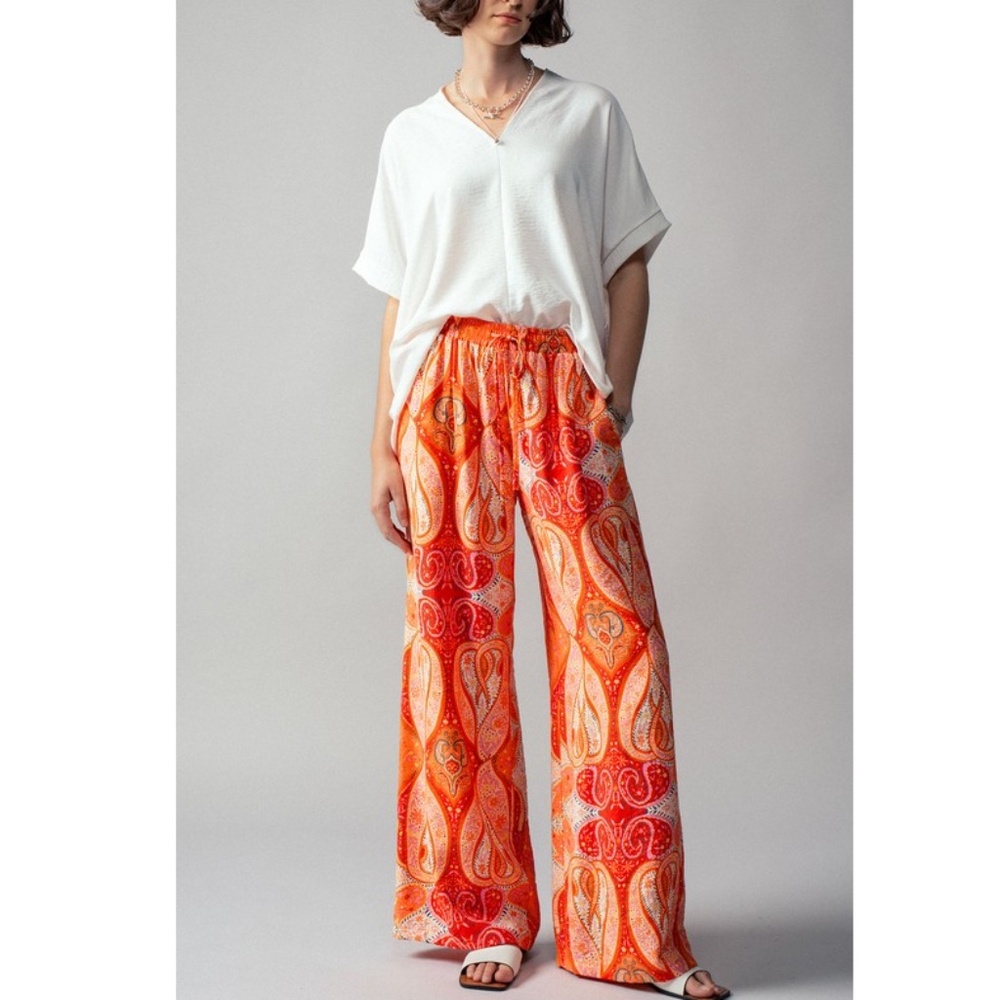 Womens Size Large Wide-Leg Paisley Print Pull-On Pants - Orange - Picture 3 of 5